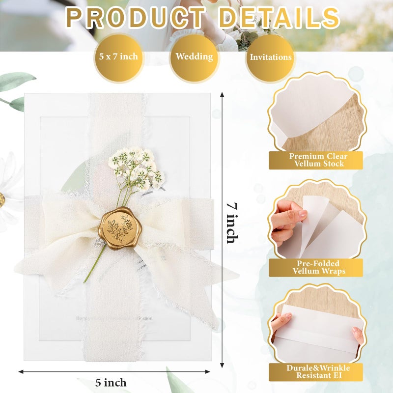 Fuyoooo 50 Sets Wedding Invitations Wraps Set Pre Folded Vellum Jackets for 5 x 7 Invitations Self Adhesive Gold Wax Seal Stickers Dried Baby's Breath Flowers Chiffon Silk Ribbon for Craft DIY - Image 3